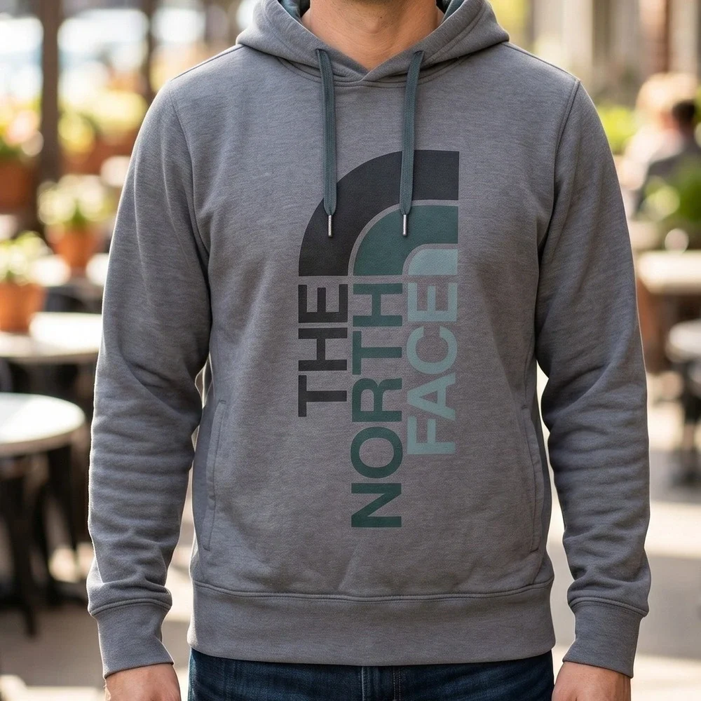 The North Face Mens Gray Vertical‎ Logo Fleece Pullover Hoodie Regular Fit M